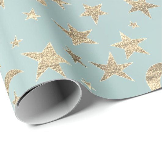 Stars Moon Tiffany Aqua Gold Metal Sky Champaign Cadeaupapier (Rol Hoek)