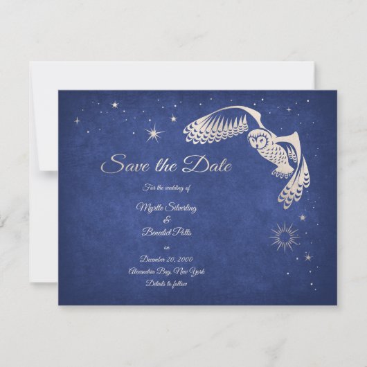 Stars Owl Blue Wizard Magic Weddenschap Save The Date (Voorkant)