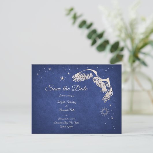 Stars Owl Blue Wizard Magic Weddenschap Save The Date (Staand voorkant)