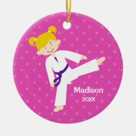 Stars Paars Taekwondo Blonde Girl gepersonaliseerd Keramisch Ornament