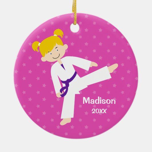 Stars Paars Taekwondo Blonde Girl gepersonaliseerd Keramisch Ornament (Achterkant)