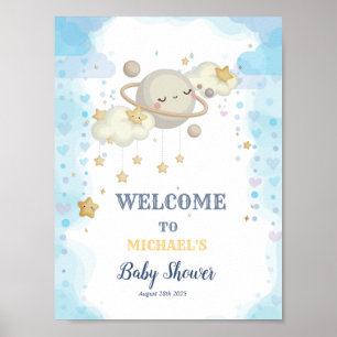 Stars Planet Clouds Blue Baby shower Poster