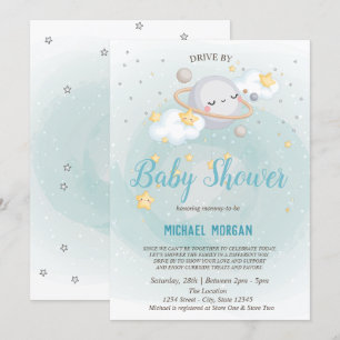 Stars, Planet, wolken rijden op Baby shower Kaart