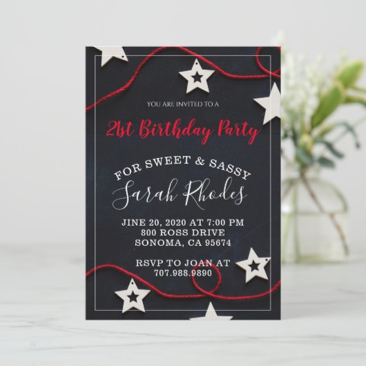 Stars & Red String Sweet Sassy 21st Birthday Party Kaart (Staand voorkant)