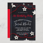 Stars & Red String Sweet Sassy 21st Birthday Party Kaart<br><div class="desc">Een unieke moderne whimsical-verjaardagsfeestuitnodiging voor een jong meisje met een zoete en sassy uitnodiging,  witte sterren en een rode string op zwart,  met een trendy wit script lettertype. Aanpassen voor elke leeftijd. Een cool rood op zwart design kleurenthema. Verse en jonge stijl.</div>