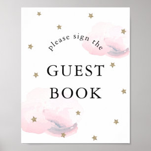 Stars roze wolken Baby shower Guest Book Sign Poster