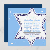 Stars & Squares Bar bat Mitzvah Invitation Blue Kaart (Voorkant / Achterkant)
