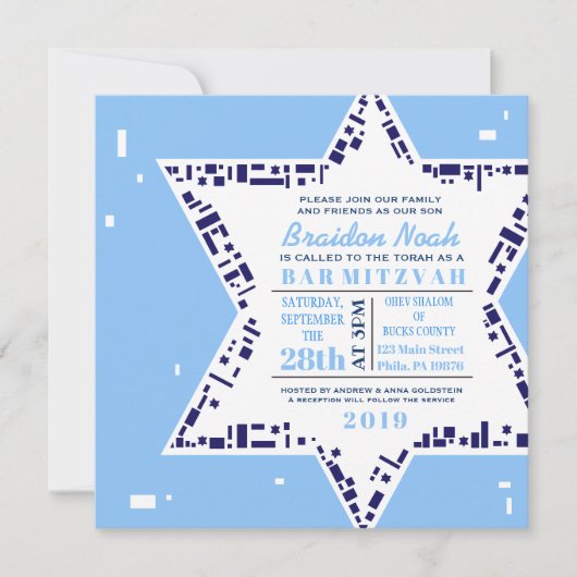 Stars & Squares Bar bat Mitzvah Invitation Blue Kaart (Voorkant)