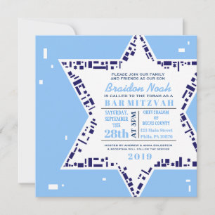 Stars & Squares Bar bat Mitzvah Invitation Blue Kaart
