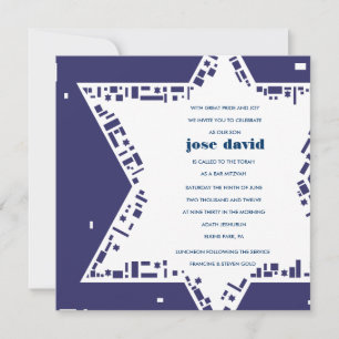 Stars & Squares Bar bat Mitzvah Invitation Blue Kaart