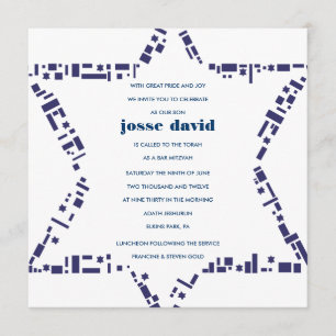 Stars & Squares Bar bat Mitzvah Invitation Blue Kaart