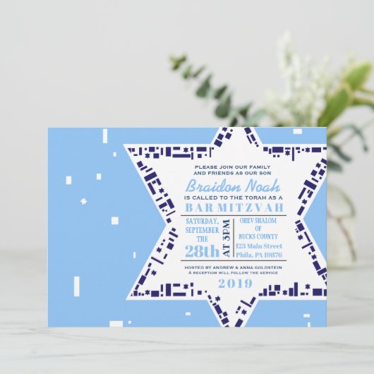 Stars & Squares Bar bat Mitzvah Invitation Blue Kaart (Staand voorkant)