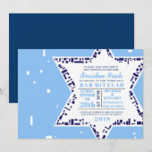 Stars & Squares Bar bat Mitzvah Invitation Blue Kaart (Voorkant / Achterkant)