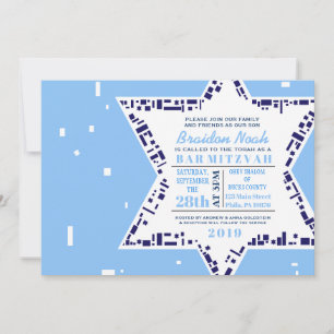 Stars & Squares Bar bat Mitzvah Invitation Blue Kaart