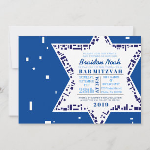 Stars & Squares Bar bat Mitzvah Invitation Blue Kaart