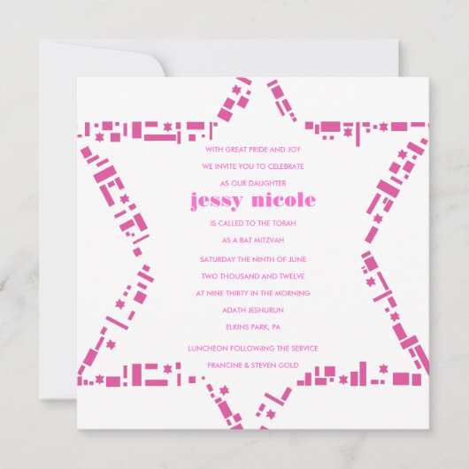 Stars & Squares Bar bat Mitzvah Invitation Roze Kaart (Voorkant)