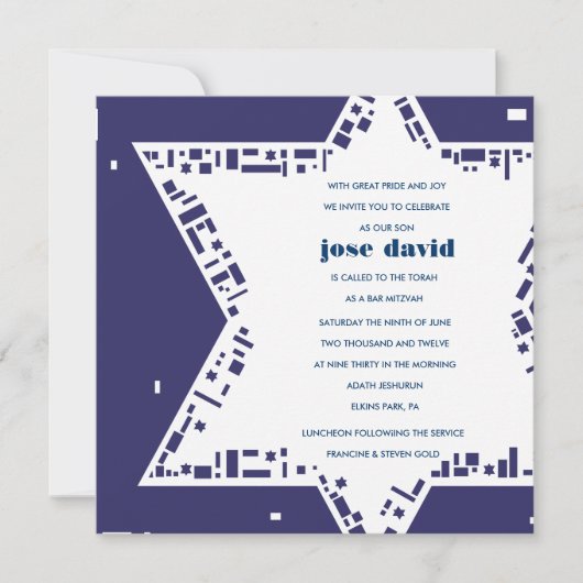 Stars & Squares Bar Mitswa uitnodiging Blauw (Voorkant)