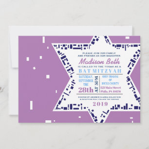 Stars & Squares Bat Mitzvah Invitation Lavender Kaart