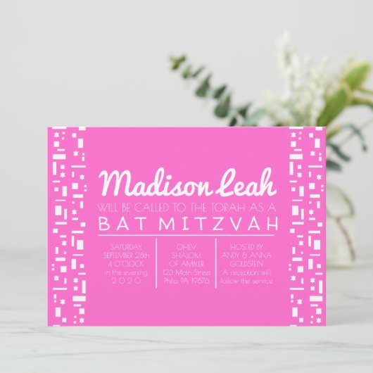 Stars & Squares PINK Bat Mitzvah Uitnodiging (Staand voorkant)