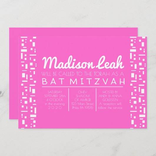 Stars & Squares PINK Bat Mitzvah Uitnodiging (Voorkant / Achterkant)