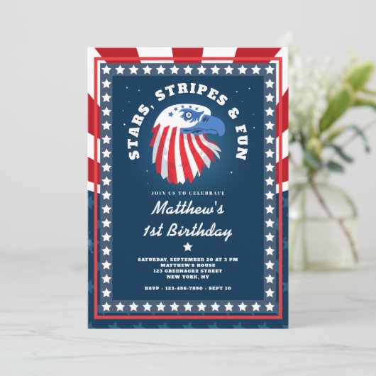 Stars Stripes & Fun All American 1st Verjaardag Kaart (Staand voorkant)