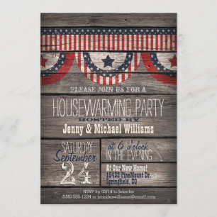 Stars & Stripes on Rustic Wood Housewarming Party Kaart