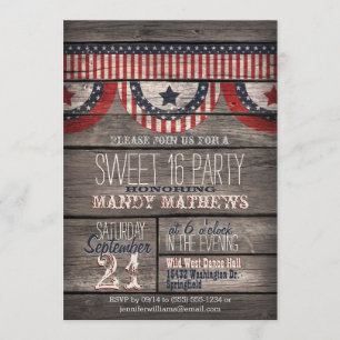 Stars & Stripes on Rustic Wood Sweet 16 Party Kaart