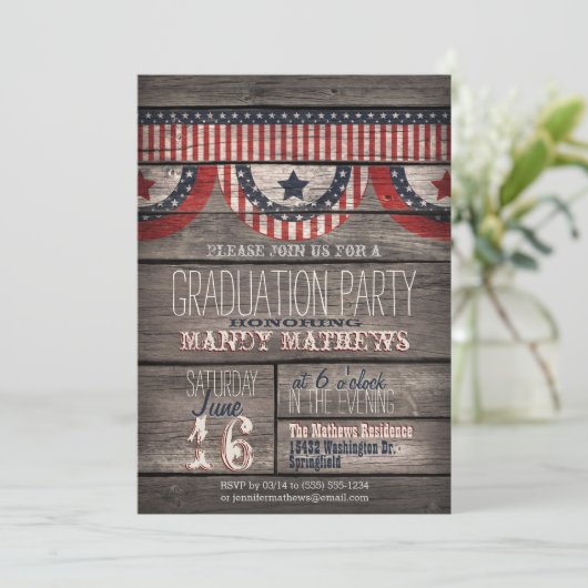 Stars & Stripes op Rustic Wood Graduation Party Kaart (Staand voorkant)