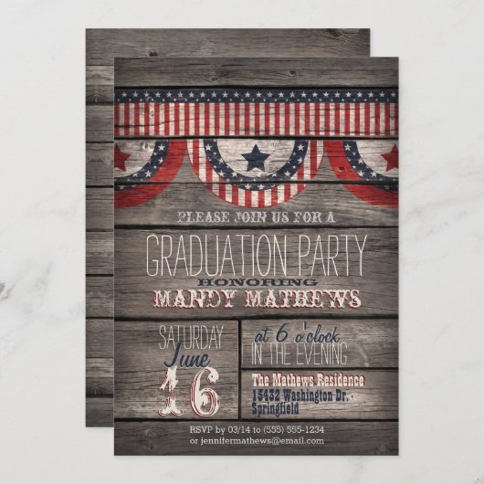 Stars & Stripes op Rustic Wood Graduation Party Kaart (Voorkant / Achterkant)