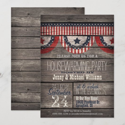 Stars & Stripes op Rustic Wood Housewarming Party Kaart (Voorkant / Achterkant)