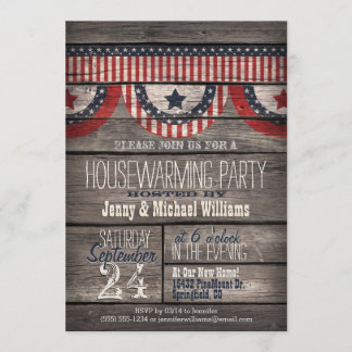 Stars & Stripes op Rustic Wood Housewarming Party Kaart