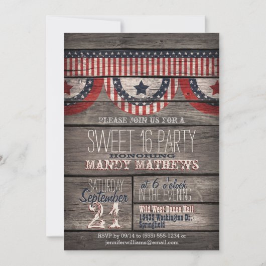 Stars & Stripes op Rustic Wood Sweet 16 Party Kaart (Voorkant)