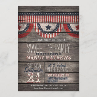 Stars & Stripes op Rustic Wood Sweet 16 Party Kaart