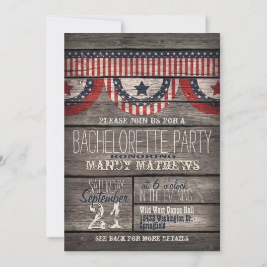 Stars & Stripes op Rustiek Hout Bachelorette Party Kaart (Voorkant)