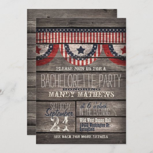 Stars & Stripes op Rustiek Hout Bachelorette Party Kaart (Voorkant / Achterkant)