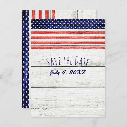 Stars Stripes Rustic Wood Patriotic Save the Date Aankondigingskaart (Voorkant / Achterkant)