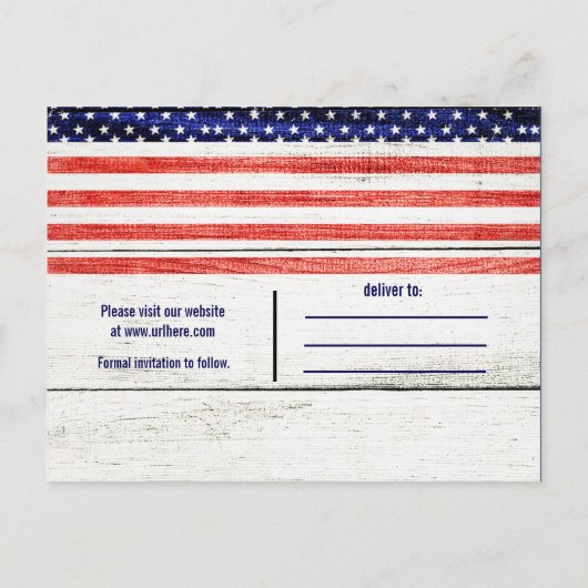 Stars Stripes Rustic Wood Patriotic Save the Date Aankondigingskaart (Achterkant)