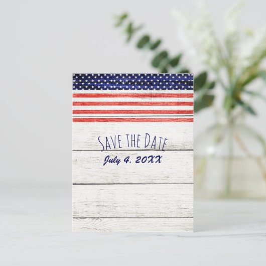 Stars Stripes Rustic Wood Patriotic Save the Date Aankondigingskaart (Staand voorkant)