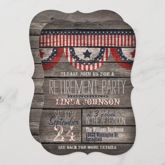 Stars & Stripes Rustiek Hout Retirement Party Kaart (Voorkant / Achterkant)