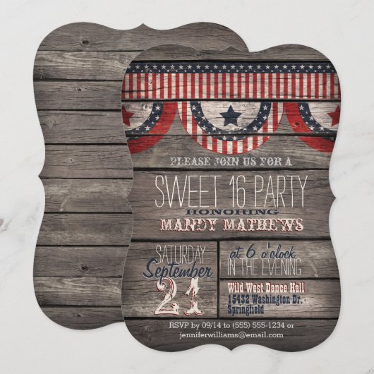 Stars & Stripes Rustiek Hout Sweet 16 Party Kaart (Voorkant / Achterkant)