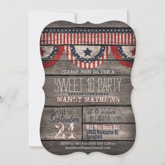 Stars & Stripes Rustiek Hout Sweet 16 Party Kaart (Voorkant)