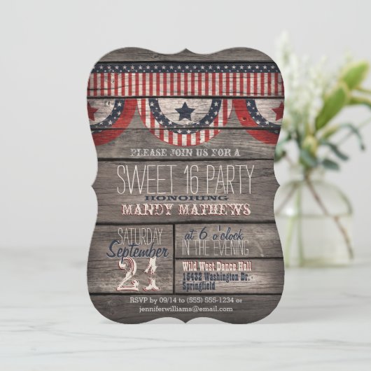 Stars & Stripes Rustiek Hout Sweet 16 Party Kaart (Staand voorkant)