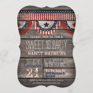 Stars & Stripes Rustiek Hout Sweet 16 Party Kaart