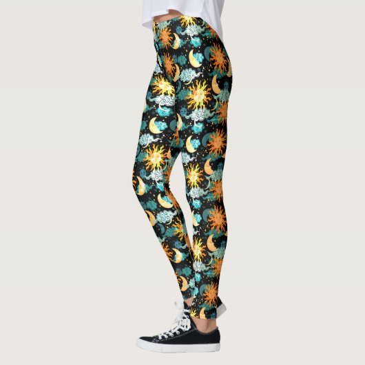 Stars Sun Moon Celestial Pattern Black Leggings (Links)