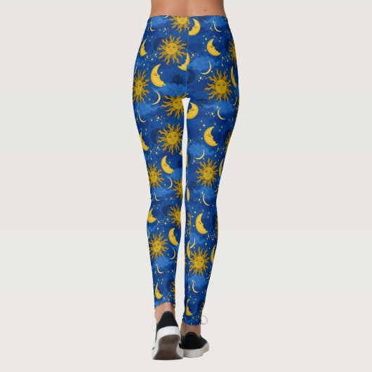 Stars Sun Moon Celestial Pattern Blue Gold Leggings (Achterkant)