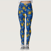 Stars Sun Moon Celestial Pattern Blue Gold Leggings (Voorkant)