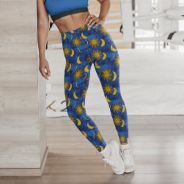 Stars Sun Moon Celestial Pattern Blue Gold Leggings