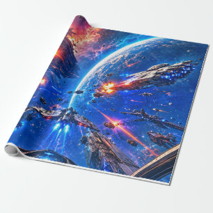 Starship Gevecht Boven een Blauwe Planeet Cadeaupapier