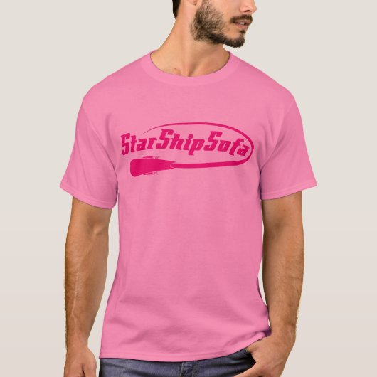 StarShipSofa-tekstmagenta op roze T-shirt (Voorkant)