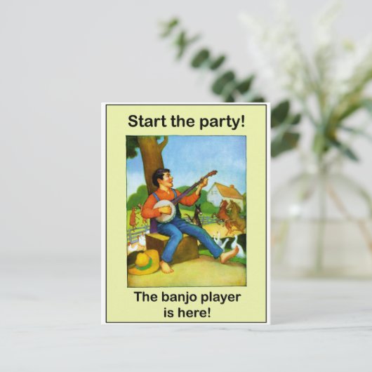 Start het feest! De banjo speler is hier! Briefkaart (Staand voorkant)
